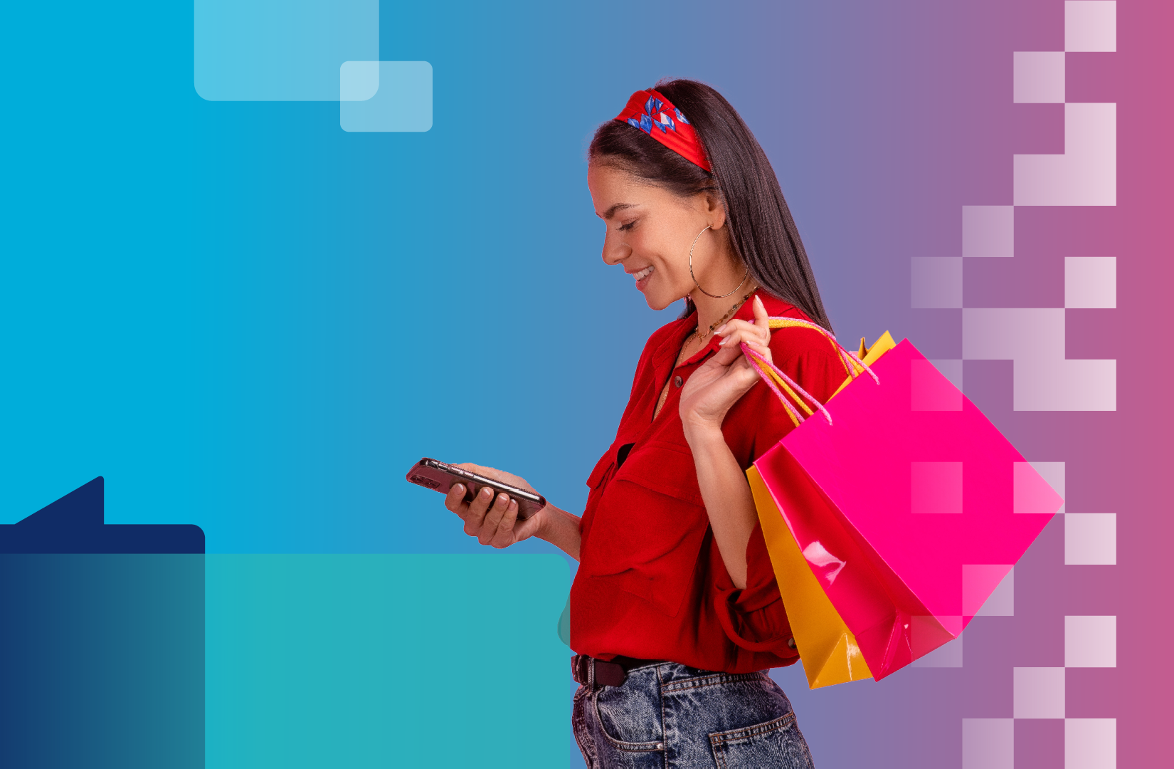 „Eine Person mit roten Oberteil hält Einkaufstaschen und ein Smartphone. Das Motiv steht für digitale Shopper-Erlebnisse"