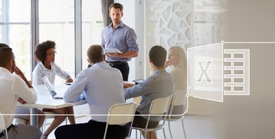 A man gives a presentation to a group of people