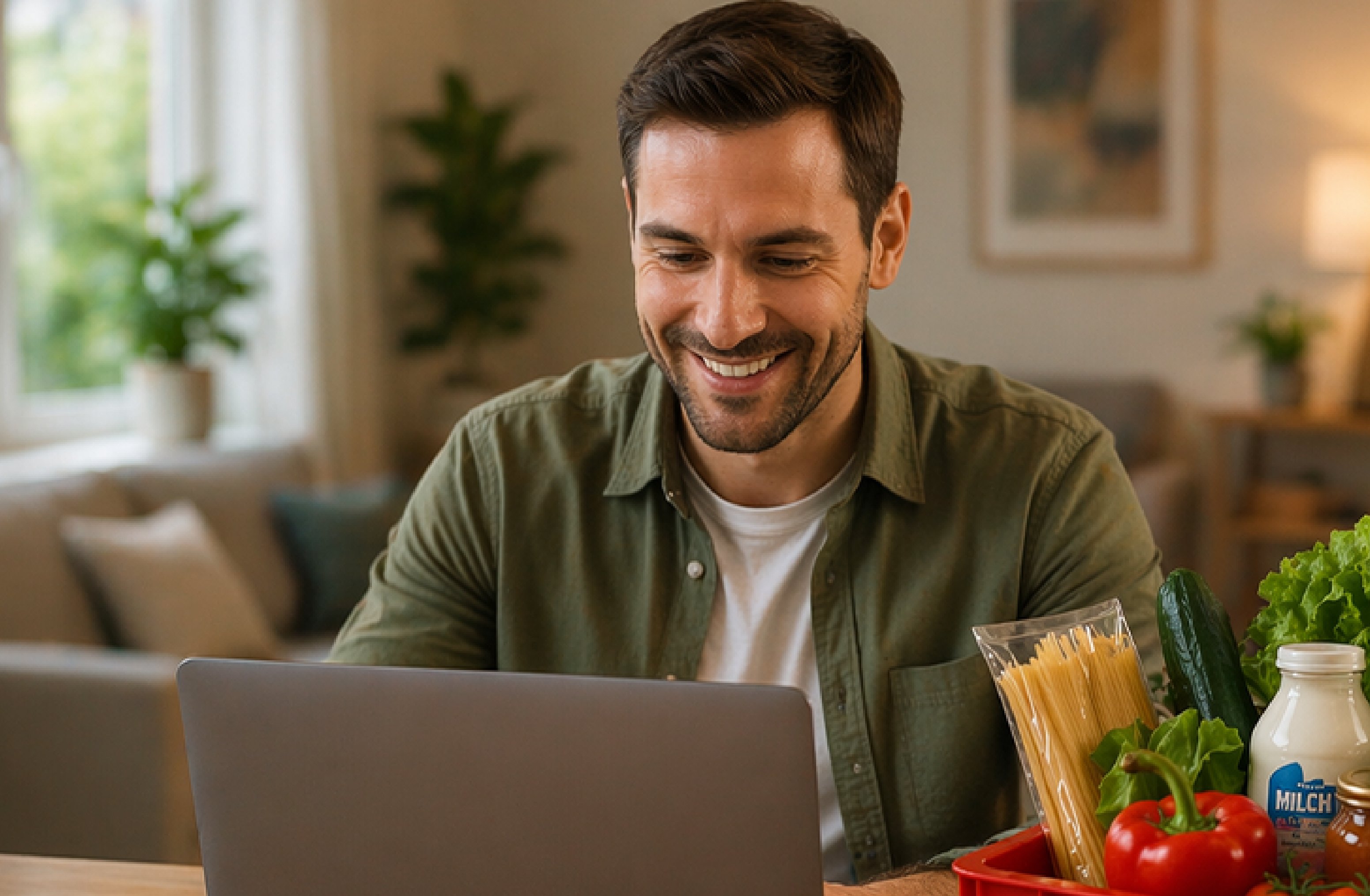 Mann mit Laptop sitzt an einem Tisch und lächelt. GS1 STEP INSIDE REWE