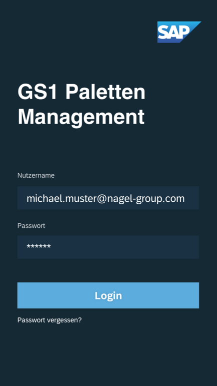 Screenshot eines Login-Vorgangs des Prototyps der App Palettenmanagement