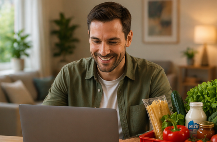 Mann mit Laptop sitzt an einem Tisch und lächelt. GS1 STEP INSIDE REWE