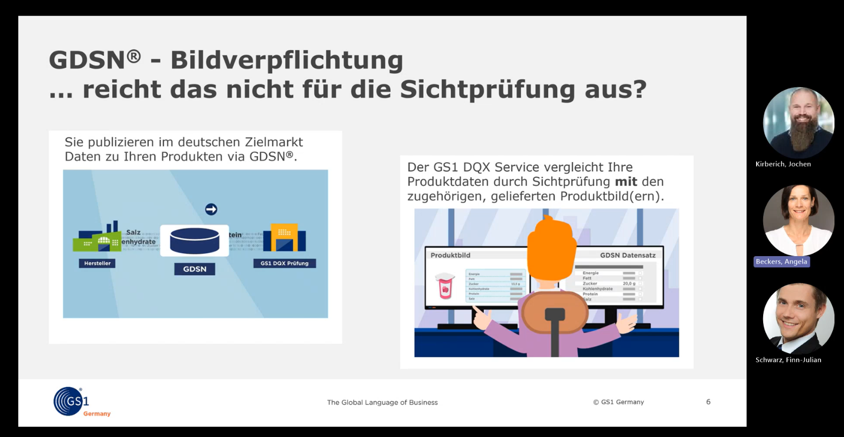 Ausschnitt aus dem GS1 DQX Webinar mit zwei Folien