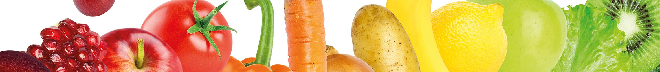 Eine Darstellung mit Obst und Gemüse vor einem weißen Hintergrund