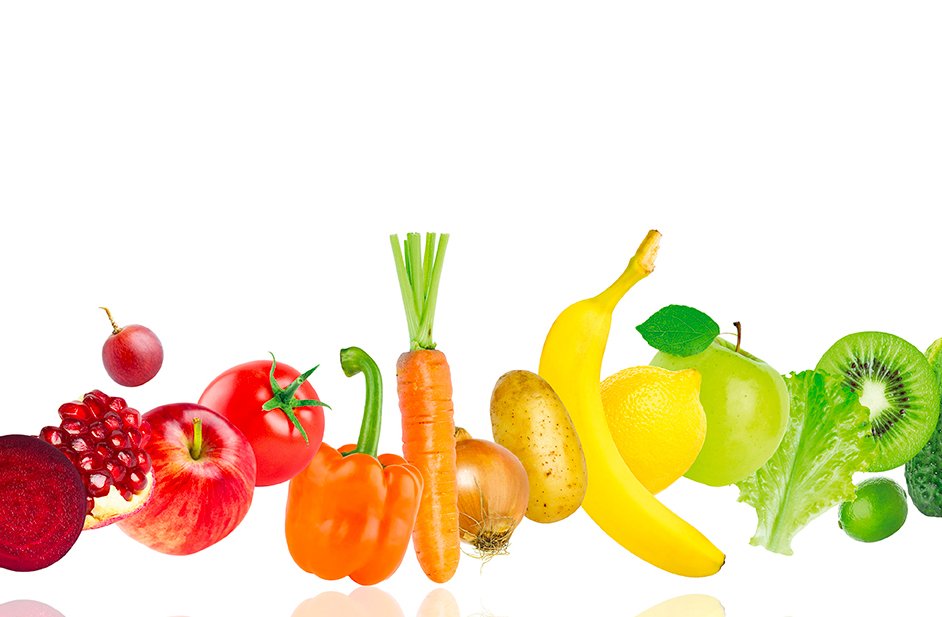 Eine Darstellung mit Obst und Gemüse auf weißem Hintergrund